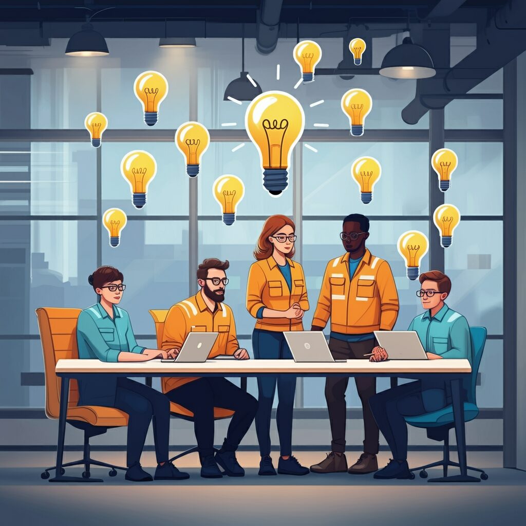 Diverse engineering team collaborating around a table with floating light bulbs representing innovation and creativity in a modern office space.